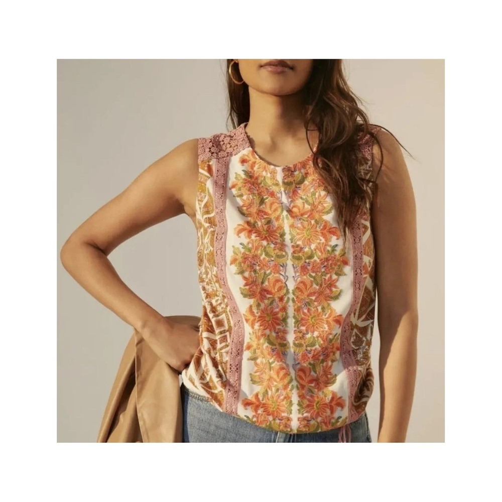 TINY Anthropologie Embroidered Tank Top Womens Small Multicolor Crochet Boho